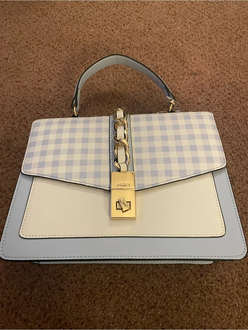 Aldo Pastel Blue & Cream Gingham Top Handle Satchel